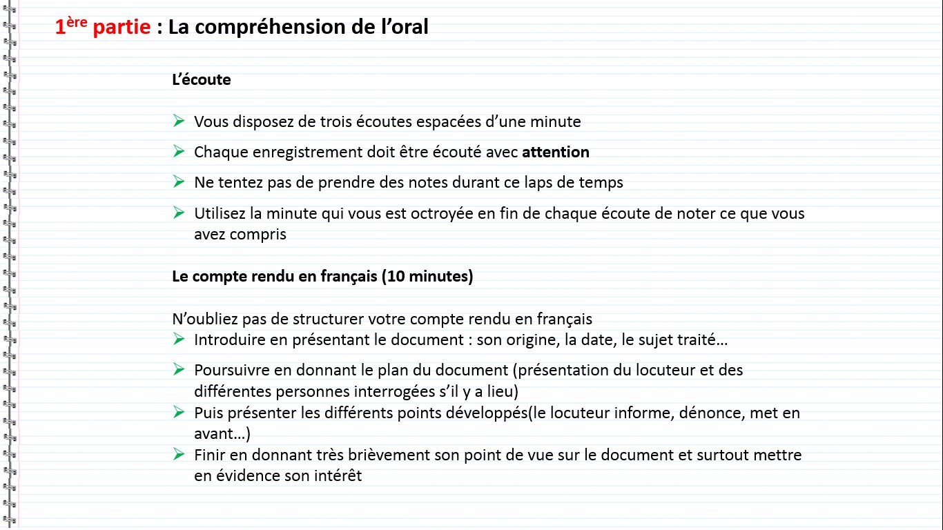 L’épreuve d’oral du Baccalauréat en espagnol  - La compréhension de l’oral, L’écoute, Le compte rendu en français